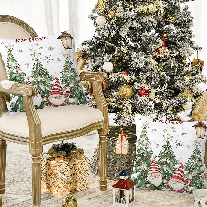 Christmas Pillow Covers 18X18, Christmas Tree and Gnomes Decorative Throw Pillow Covers, Winter Christmas Believe Snowflakes Pillow Cover Pillowcase Cushion Case for Home Sofa Couch Indoor Set of 2