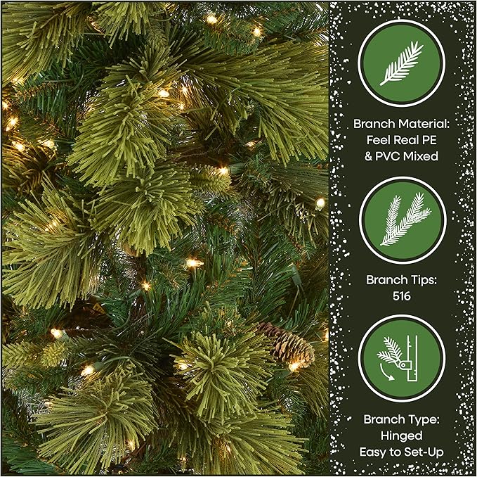 National Tree Company 6.5 ft Pre-Lit Carolina Pine Slim Artificial Christmas Tree, 350 Clear Lights, 516 Tips, Includes Stand, Green