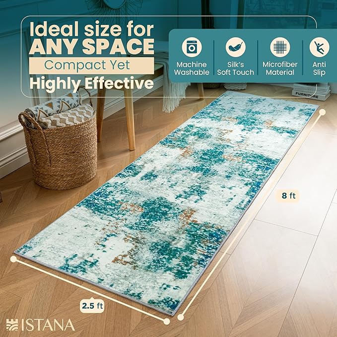 Istana Hallway Runner Rug 2.5x8 - Green Kitchen Rugs Non Slip Washable -Silk's Soft Touch Carpet Runner - Stylish Rugs for Home