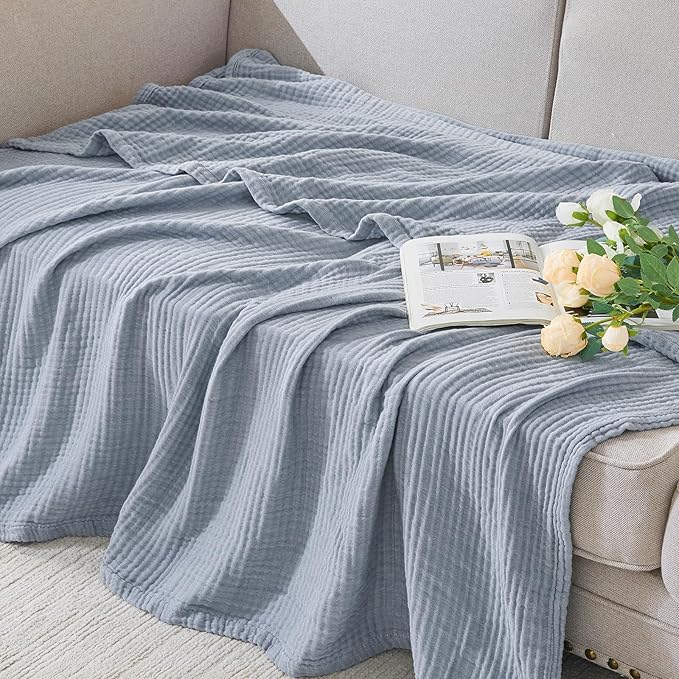 EMME Cotton Muslin King Blanket Bed Layering Bedspread Coverlet Breathable Gauze Soft Lightweight Blankets (Heather Dusty Blue, 108"x90")