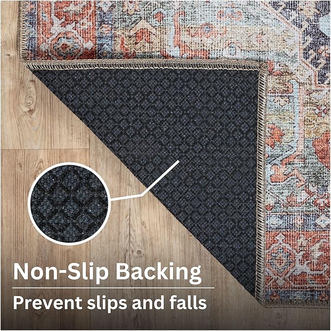 Bloom Rugs Washable Non-Slip 8' x 10' Rug - Terracotta/Blue Traditional Medallion Area Rug for Living Room, Bedroom, Dining Room, and Kitchen - Exact Size: 8' x 10'