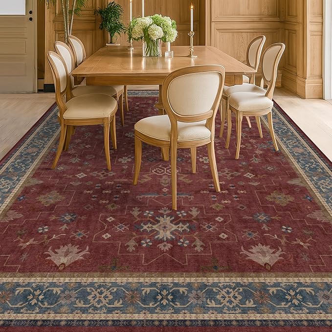 Moroccan Big Rugs for Living Room - Dark Red 10 x 14 Area Rug for Large Bedroom, Dining Room, Washable Lightweight Low Pile Foldable Oriental Burgendy Home Décor