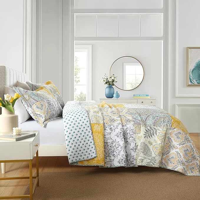 DURLENGEN Botanical Yellow 100% Cotton Queen Quilt 3Pcs,Bohemian Patchwork Leaves Pattern on White, Luxury Lightweight Coverlet Sets for All Season(Queen 90x96,Botanical Yellow)