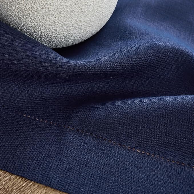 Solino Home Linen Navy Blue Tablecloth 60 x 132 Inch - Classic Hemstitch, 100% Pure Linen Rectangular Tablecloth - Machine Washable Table Cloth for Fall, Autumn, Thanksgiving, Christmas, Winter