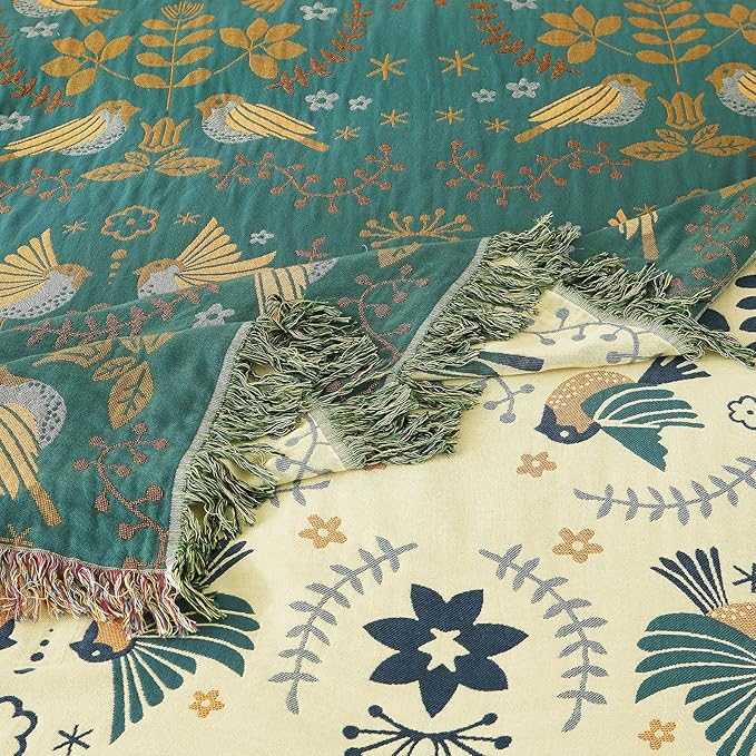 Boho Throw Blanket for Bed 100% Cotton Ultra Soft Rustic Quilt Fall Blanket Bird Floral Printed Farmhouse Decor Large Bed Blankets,60"×80" All Season Rustic Throw for Sofa Couch Chair