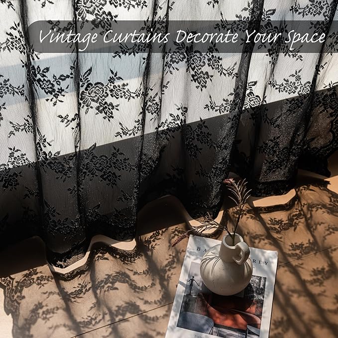MEETSKY Black Lace Curtains 54 Inch Length Short Victorian Sheer Spooky Halloween Holiday Party Decor Back Tab Rod Pocket Window Treatments for Small Windows, 50" Wide Each Panel, Black, 2 Pieces