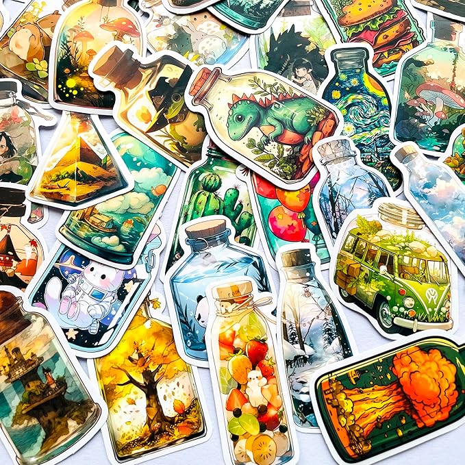 Yoksas 50Pcs World in The Bottle Stickers - Aesthetic Scenery Cartoon Anime Artist Decals for Water Bottle,Laptop,Scrapbooking,Tumbler