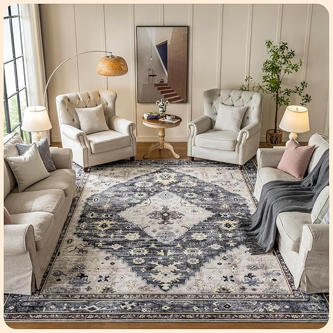 Istana Living Room Rug 10x14 - Dark Grey Blue & Rose Mauve 10 x 14 Area Rug - Foldable Machine Washable Area Rugs 10x14 10x14 Area Rugs Boho - Stain Resistant Washable Rug 10x14