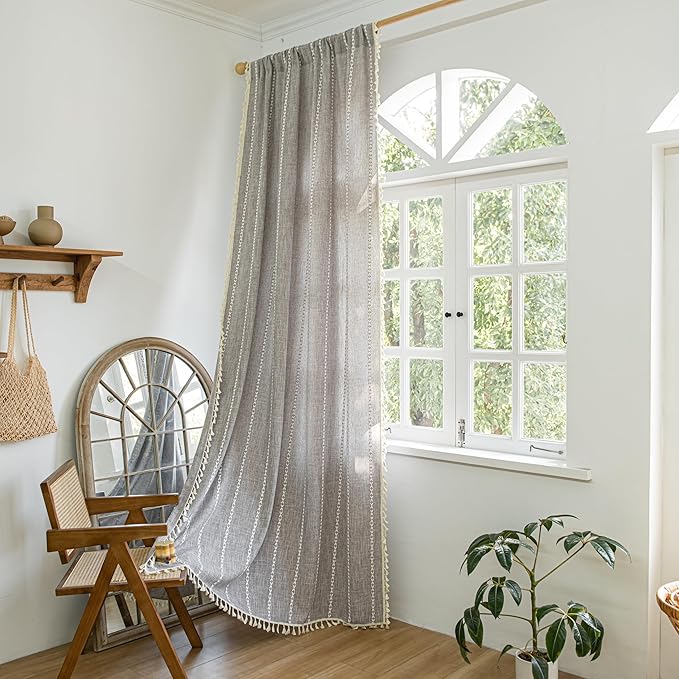 Sutuo Home Boho Curtains for Bedroom Living Room, Semi Blackout Linen Farmhouse Shabby Chic Tassels Window Treatment Bohemian Embroidery Drape, Rod Pocket 1 Panel 52" W x 96" L, Brown
