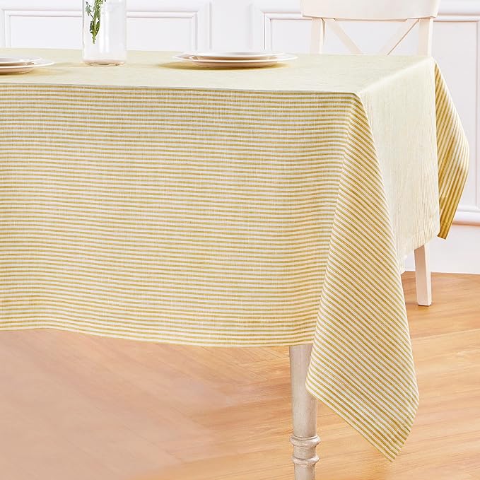 Solino Home Linen Tablecloth 60 x 144 Inch - Narrow Stripe 100% Pure Linen Spicy Mustard and White Table Cloth for Rectangle Tables - Machine Washable Tablecloth