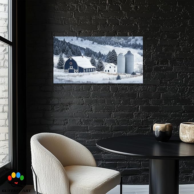 GUTTATY Christmas Winter Scene Canvas Wall Art, Barn Snow Farm Landscape Canvas Prints, Holiday Pictures Artwork, Blue White Country Wall Decor Poster for Living Room, Bedroom, Farmhouse, 48x24 Inch