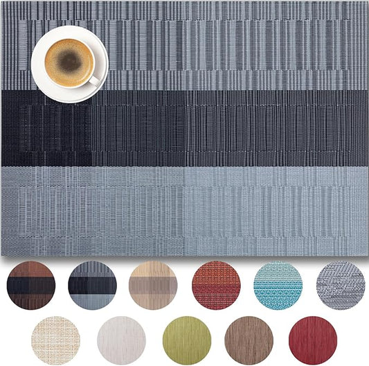 Placemats Set of 4 - Easy Clean Woven Vinyl Placemats for Dining Table, Indoor/Outdoor Place Mats, Washable PVC Table Mats （Silver Gray Black）