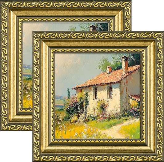 eletecpro 4x4 Picture Frames Set of 2, Ornate Vintage Photo Frame with Glass, Rustic Gold Frames Display 4 x 4 Photo for Tabletop, Gold