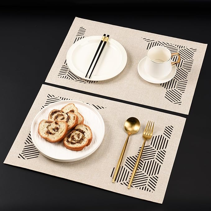 Decorative Placemats Set of 4 for Dining Table, Cloth Placemats with Hollow Design Table Cloth Set, Table Mats for Dining Table 12"x18" Sand