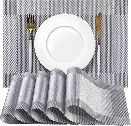 Placemats Set of 4 - Easy Clean Woven Vinyl Placemats for Dining Table, Indoor/Outdoor Place Mats, Washable PVC Table Mats （Silver Cube）