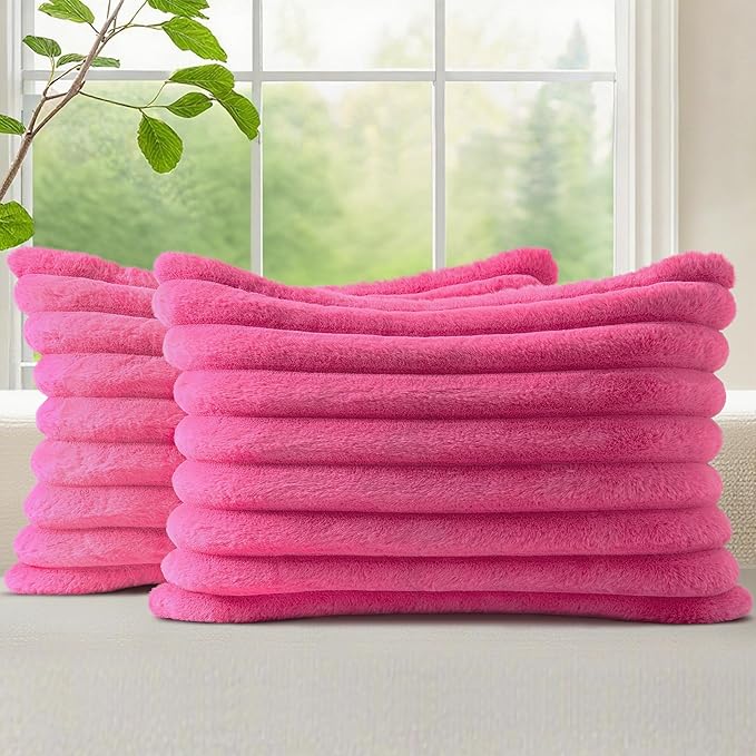 decorUhome Faux Fur Christmas Throw Pillow Covers 12x20 Set of 2, Decorative Soft Plush Striped Lumbar Neutral Couch Euro Pillow Covers with Velvet Back for Sofa, Bed, Living Room Home Decor, Hot Pink