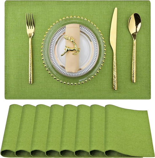 SLKQG Christmas Green Linen-look Placemats Set of 8, Heat Resistant & Machine Washable Double-Layered Cloth Placemats for Dining Table, Indoor/Outdoor Use, Non-Slip Kitchen Table Mats (8, Grass green)