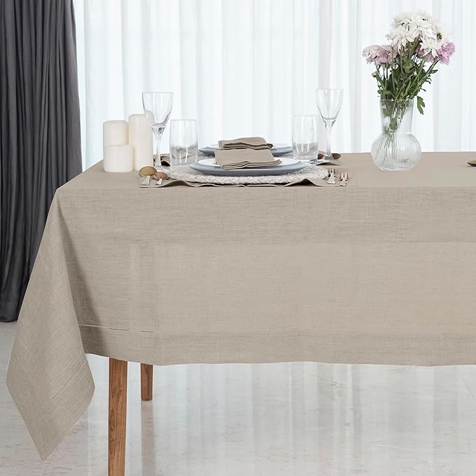D'Moksha Homes Natural Linen Tablecloth for Rectangle Tables 60 x 132 Inch - 100% Pure Linen Natural Table Cloth - Classic Hemstitch, Machine Washable Dining Tablecloth for Thanksgiving, Christmas