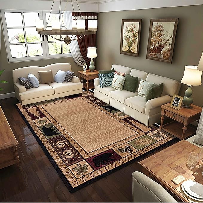 Rustic Cabin Area Rugs, 4x5ft, Wildlife Bear Pine Cone Leaves Accent Rug, Nordic Vintage Geometric Border Brown Rugs, Non Slip Durable Indoor Floor Mat for Living Room Bedroom