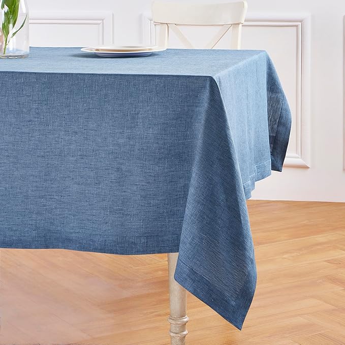 Solino Home Linen Tablecloth 60 x 132 Inch - 100% Pure Linen Blue Denim Table Cloth for Rectangle Tables - Athena, Machine Washable Tablecloth for Christmas