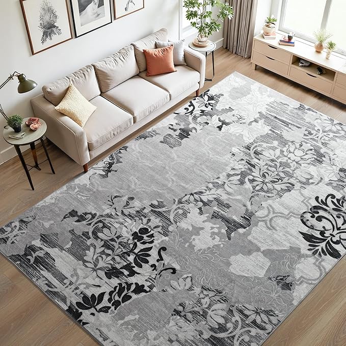 Keeko 5x7 Area Rugs for Living Room, Modern Abstract Floral Pattern Rugs for Bedroom, Soft Washable Rug with Non-Slip Backing Low-Pile Non-Shedding Carpet for Kitchen Home Office Dining Table - Grey