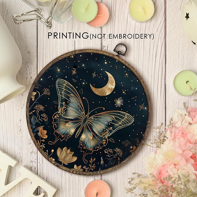 KFXHANGD Gothic Butterfly Moth Round Wall Art Framed, Witchy Butterfly Canvas Wall Art Decor, Mystical Moth Hanging Decor for Bathroom Bedroom Living Room, 10x10inch