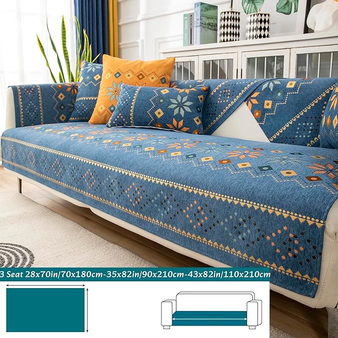 Boho Chenille Couch Covers,Geometric Couch Covers for Sofa,Chenille Couch Cover Non Slip,Sectional l Shaped Sofa Furniture Protector Cover for Home Decor,Blue_3 Seat 35x82in/90x210cm