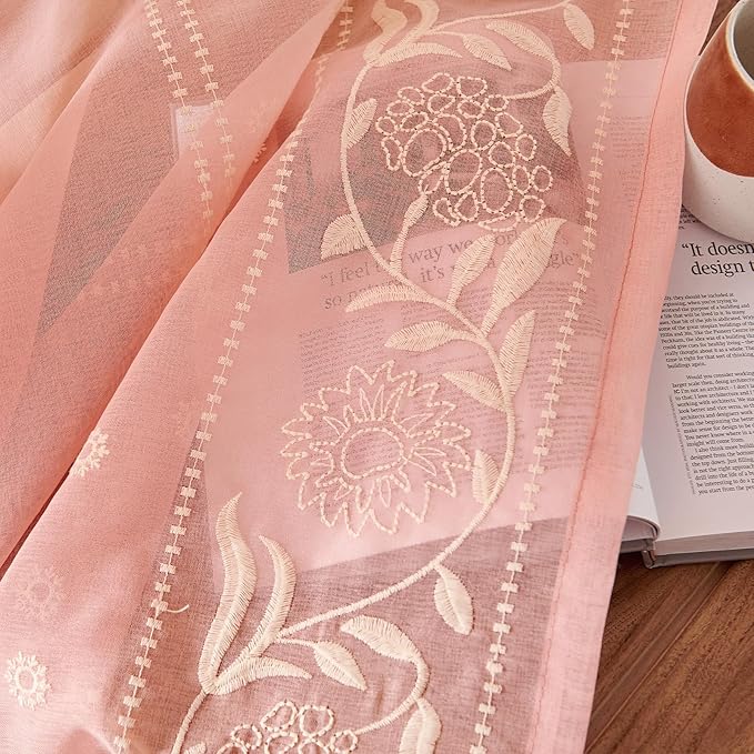 jinchan Winslow Sheer Curtains 63 Inch Length for Dorm Bedroom Bordered Floral Pattern Decorations Short Curtains Light Filtering Window Treatments, 50W x 63L, Beige on Pink, 2 Panels