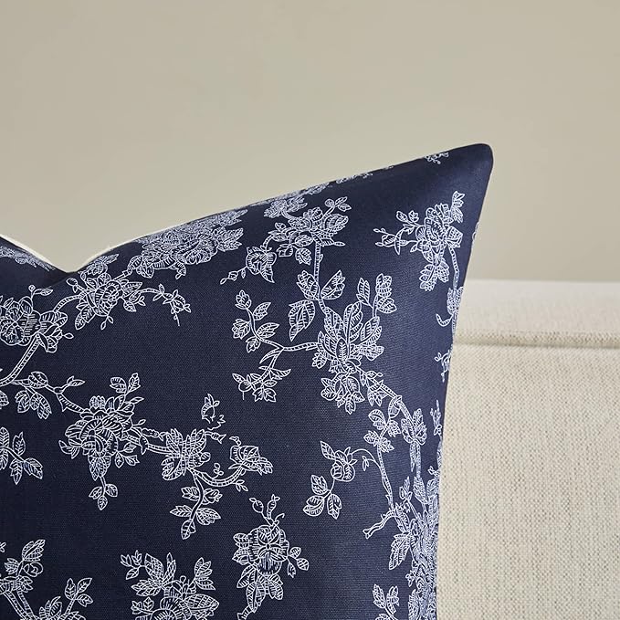 100% Cotton French Pastoral Throw Pillow Covers Set of 2, 22x22 Inch Background/Blue Farmhouse Decorative Cushion Covers for Sofa Bed Living Room Home Decor