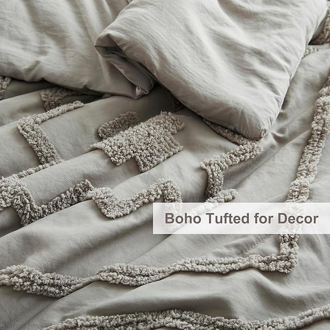 Oli Anderson Boho Tufted Comforter Set Queen Size, 3 Pcs Soft Jacquard Bedding Set for All Seasons, Shabby Chic Farmhouse Bedding Set with Comforters for All Seasons (Grey, Queen)