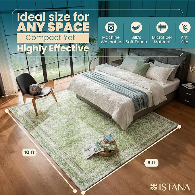 Istana 8x10 Area Rug - Light Green 8x10 Rugs for Living Room - Foldable Rugs for Bedroom - Stain Resistant Washable Rug - Eco-Friendly Area Rugs - Easy to Clean Living Room Rug