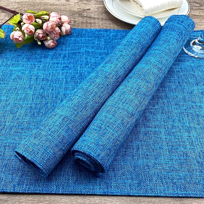 Weabetfu Cloth Placemats Set of 4 Heat Resistant Dining Table Placemmats Cotton Linen Machine Washable Kitchen Table Mats Wrinkle Free Thick Fabric Place Mats,Easy to Clean,13" x 19" Blue
