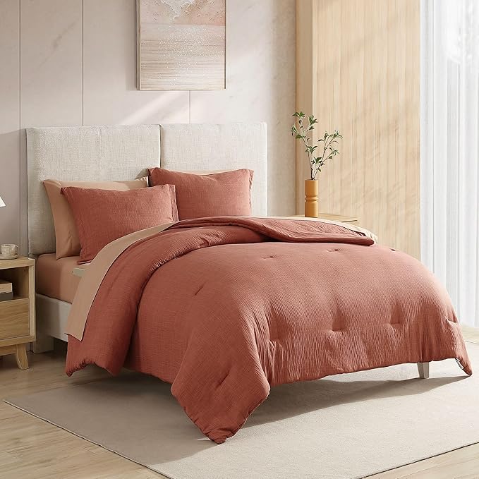 Geniospin King Size Comforter Set- 7 Pieces Terracotta Textured King Bedding Set, Soft Solid Bed in a Bag for All Seasons, Fall Comforter Set with Sheets