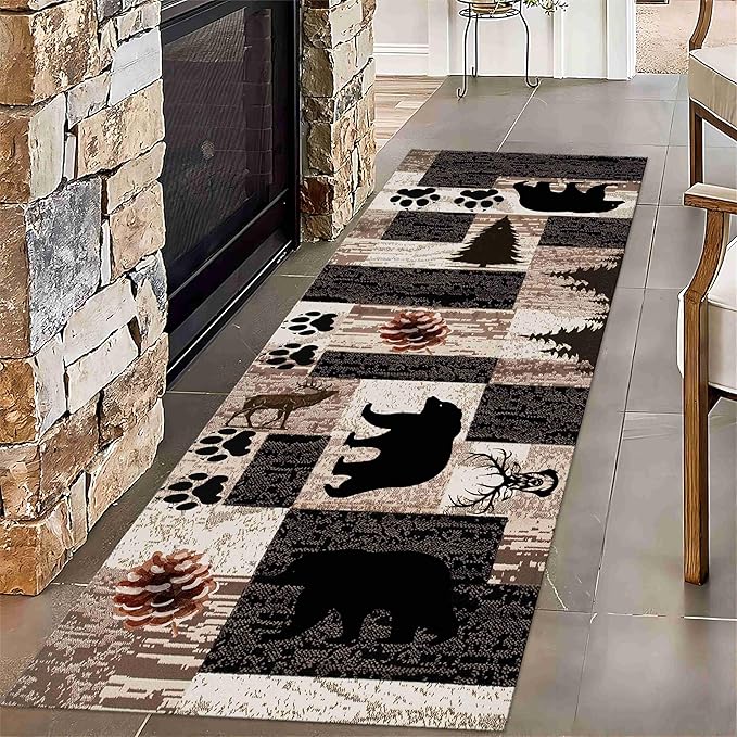 Rustic Lodge Runner Rug,1.3x7ft,Western Country Bear Elk Deer Wildlife Log Design,Forest Landscape Hunting Theme Rug,with Non Slip Backing Washable Rugs, Non Slip Pet Friendly Rug for Hallway