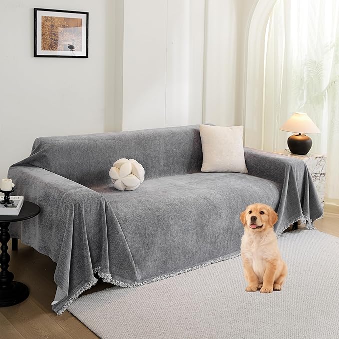 Couch Cover for 3 Cushion Couch Chenille Sofa Cover Sectional Couch Covers, Couch Cover for Dogs Washable, Soft Non-Slip Sofa Slipcover Sofa Protector Futon Cover, 71''x134'', Dark Grey