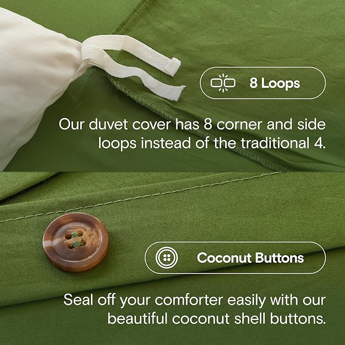DOZ 100% Long Staple Cotton Duvet Cover Set, Soft Sateen Weave Cotton, Smooth, Breathable, Hotel Comfort, 90"x90", 8 Loops, 3pc – 2 Pillowcases 1 Duvet Cover (Forest, Full/Queen)