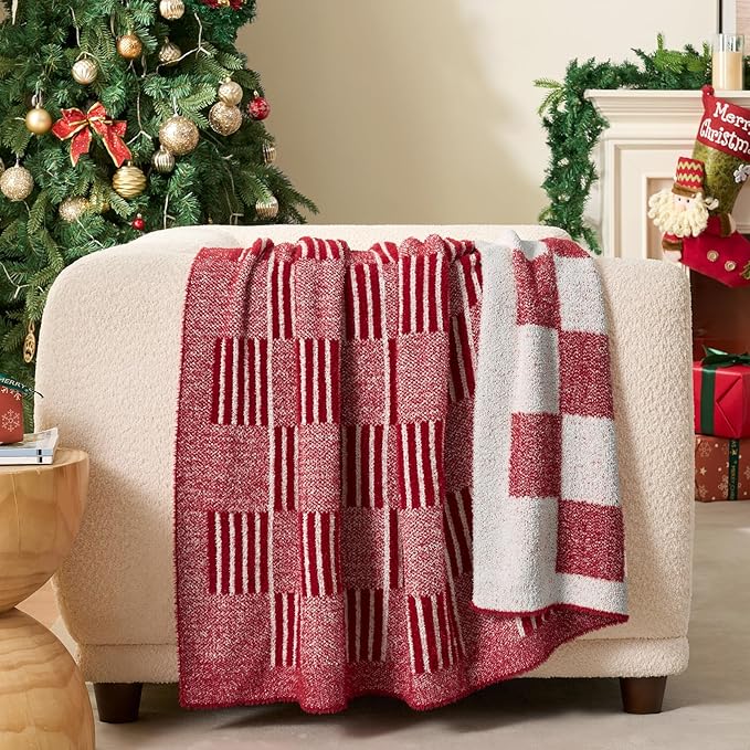 Snuggle Sac Red Checkered Christmas Throw Blanket,Super Soft Reversible Cozy Warm Blanket for Couch Sofa Bedroom,Cute Lightweight Striped Throws for Women,Heather Red,50x60 inches