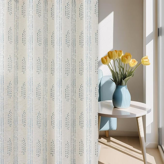 Boho Linen Curtains for Bedroom Living Room Blue Farmhouse Boho Curtains 96 Inches Long Geometric Striped Patterned Mudcloth Grommet Top Light Filtering Window Drapes 2 Panels Blue on Beige