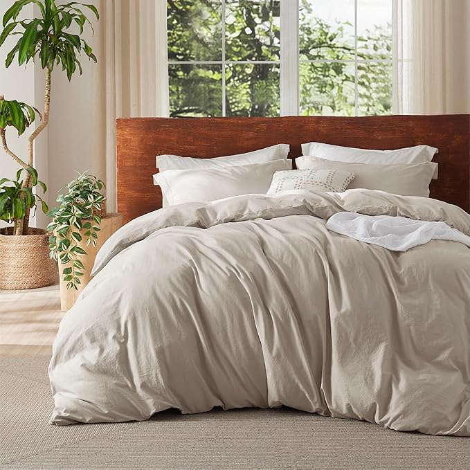 Bedsure 100% Washed Cotton Duvet Cover Twin Size - Linen Color Minimalist Cotton Duvet Cover Linen Like for All Seasons - GentleSoft™ Plain Simple Bedding (Twin, 68"x90")