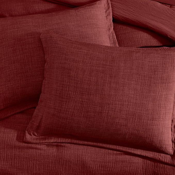 Geniospin Full Comforter Set - 7 Pieces Comforter Full Size, Solid Bedding Set for All Season, Dark Red Textured Bed in a Bag with Sheets
