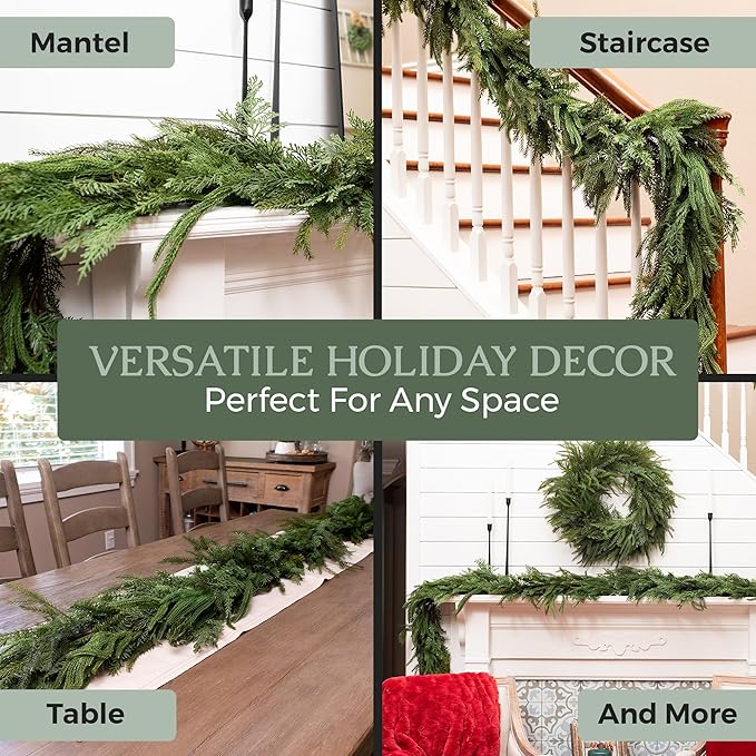 Mixed Norfolk Pine Garland with Evergreen, and Cedar Garland Artificial Realistic Greenery Branches for Decoration, Christmas Garland for Mantle, Premium Real Touch (9 Foot)