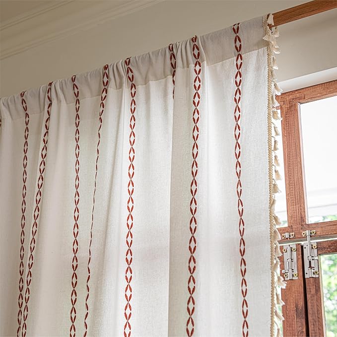 Sutuo Home White and Terracotta Boho Curtains for Bedroom Living Dining Room 90 Inches Long, Light Filtering Cotton Embroideried Bohemian Striped Farmhouse Autumn Halloween Decor,1 Panel,52" W x 90" L