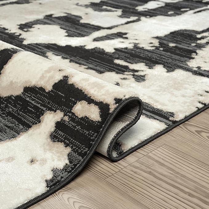 Abani Terra Cream Area Rug for Living Room, Bedroom - Black Abstract Pattern - 6' Round - Durable & Easy to Clean
