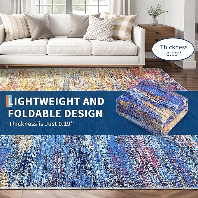 Washable Rug 5x7 Abstract Area Rug for Living Room, Non Slip Foldable Soft Rugs for Bedroom, Stain Resistant Rugs Modern Fuzzy Rug, Indoor Floor Carpet for Entryway Home, Blue/Orange