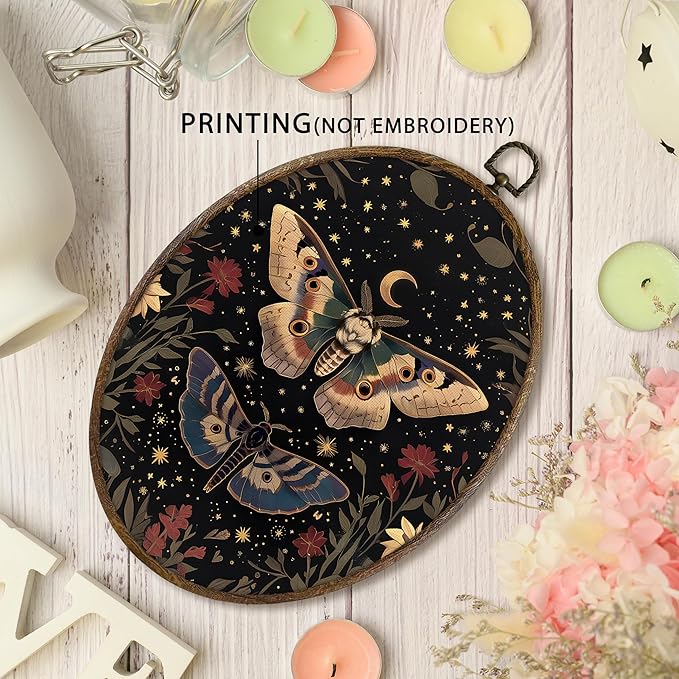 KFXHANGD Witchy Butterfly Moth Oval Wall Art Framed, Gothic Wall Art, Boho Vintage Butterfly Canvas Wall Art Decor, Gothic Lunar Moth Hanging Wall Decor for Bedroom Living Room, 8.7x11.3 Inch