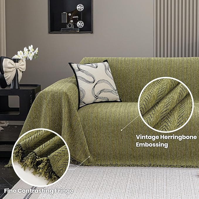 Nobildonna Sofa Cover Washable Soft Thicken Chenille Couch Cover with Tassel,Waterproof Sofa Slipcovers for 2 Cushion Couch,Loveseat,Futon Couch Furniture Protector Pet-Friendly,Yellow Green 71"x102"