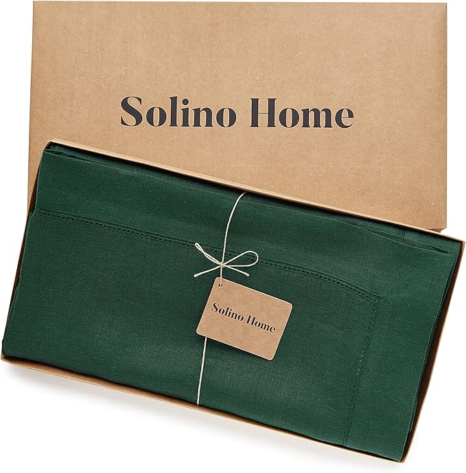 Solino Home Rainforest Green Linen Tablecloth 60 x 108 Inch - Classic Hemstitch, 100% Pure Linen Rectangular Tablecloth - Machine Washable Table Cloth for Fall, Thanksgiving, Christmas, Winter
