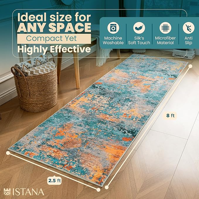 Istana Hallway Runner Rug 2.5x8 - Multi/Blue Kitchen Rugs Non Slip Washable -Silk's Soft Touch Carpet Runner - Stylish Runner Rugs for Home