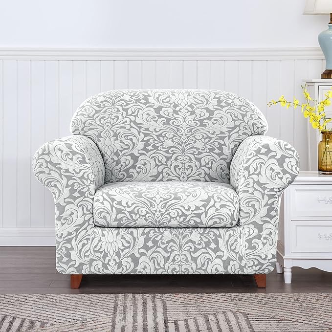 SUBRTEX Chair Slipcovers, 2 Piece, Stretch Armchair Sofa Cover for Living Room Couch Cover Machine Washable Furniture Protector Cover, Jacquard Damask (Small, Light Smoky Gray)