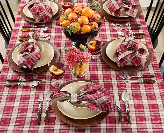 Solino Home Plaid Linen Tablecloth 60 x 90 Inch - 100% Pure Linen Burgundy Tartan Plaid Table Cloth for Rectangle Tables - Machine Washable Tablecloth for Fall, Christmas, Xmas